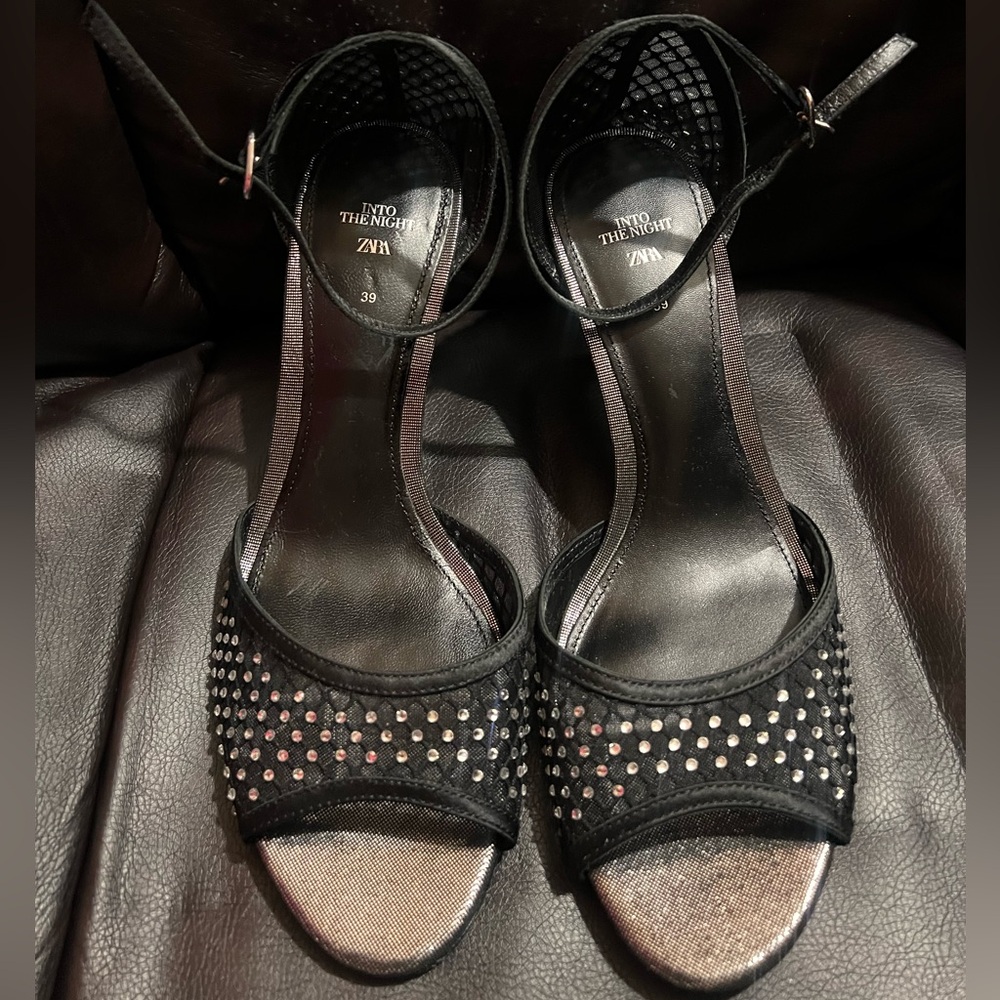Zara rhinestones embellished black slingback dressy heels with Ankle Straps